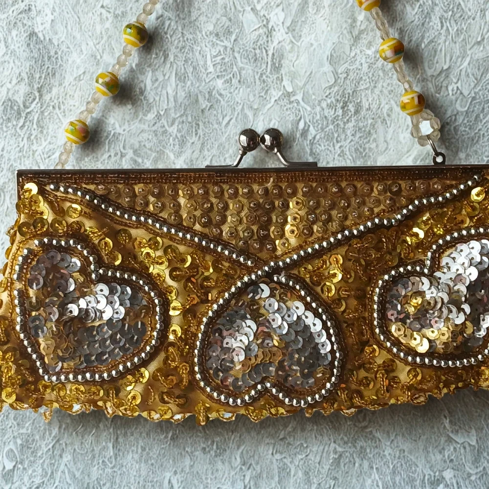 Vintage Gold and Silver Clutch Bag with Beaded Strap - Picture 2 of 8